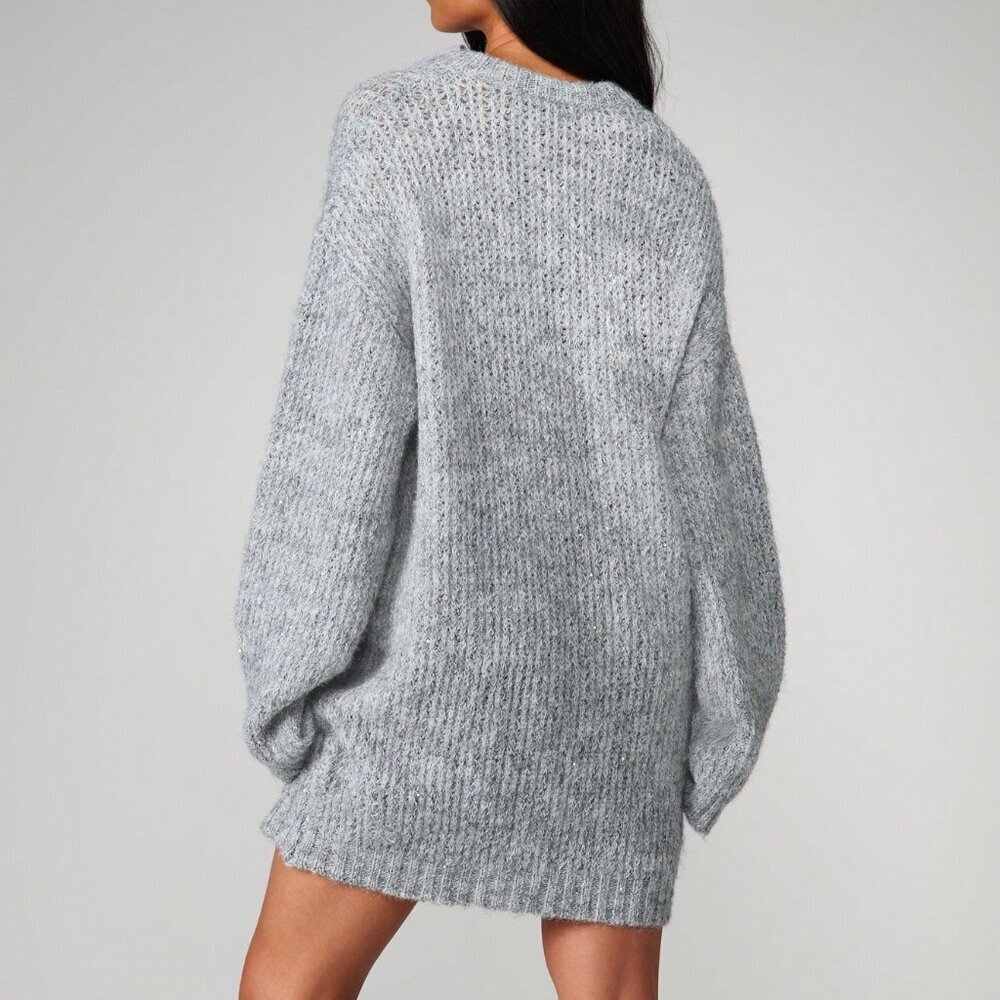 Light Grey Casual Women's Knit Christmas Sweater Dress with Bow Tie - Picture 2 of 5